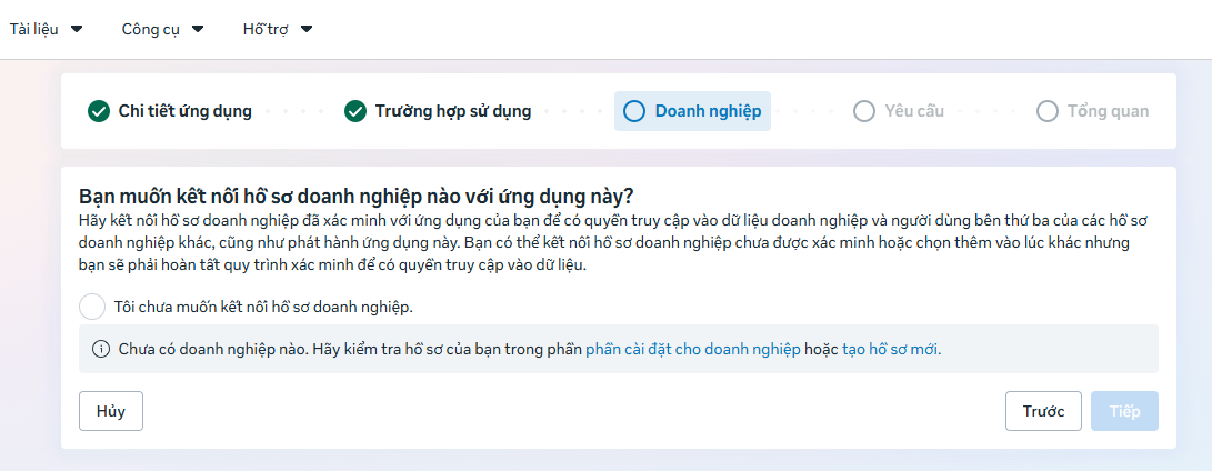 Bước 5 — Chọn “Tôi chưa muốn kết nối hồ sơ doanh nghiệp”