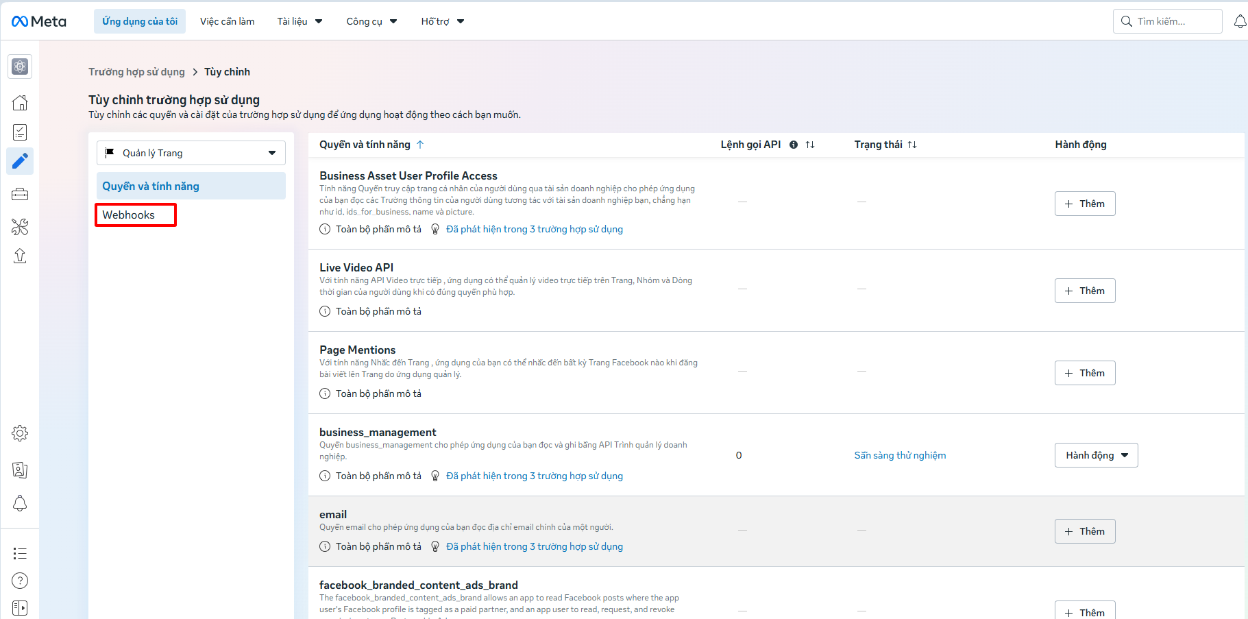 Bước 11 — Thẻ Webhooks ở menu con