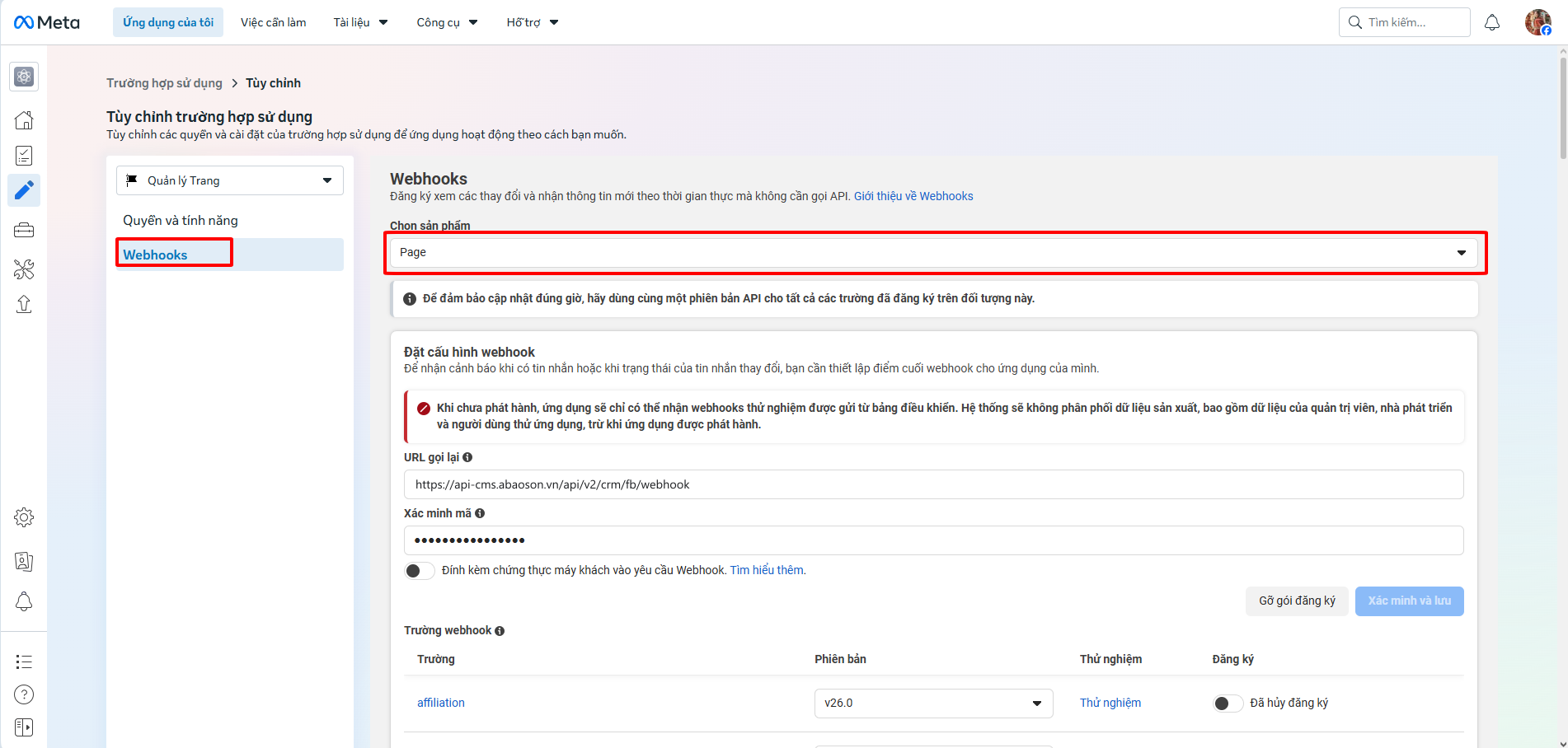 Bước 11 — Lưu xong, bảng Trường webhook hiện ra
